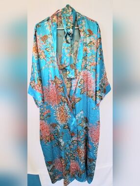 NWT Applesauce Turquoise Floral Kimono Robe One Size Plus Boho Resort W/Pockets